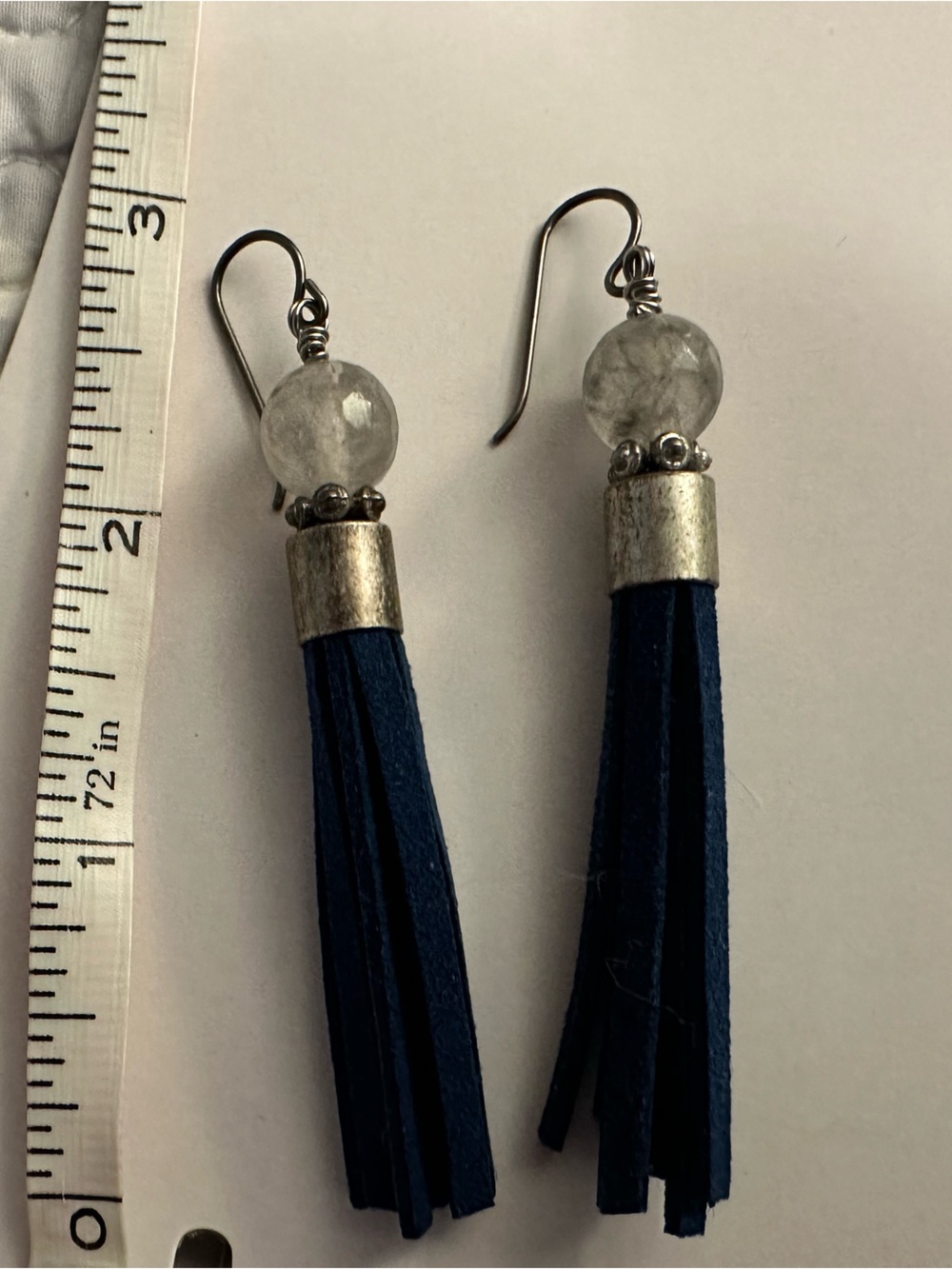 Blue Suede Tassel Drop Earrings with Silver Accents